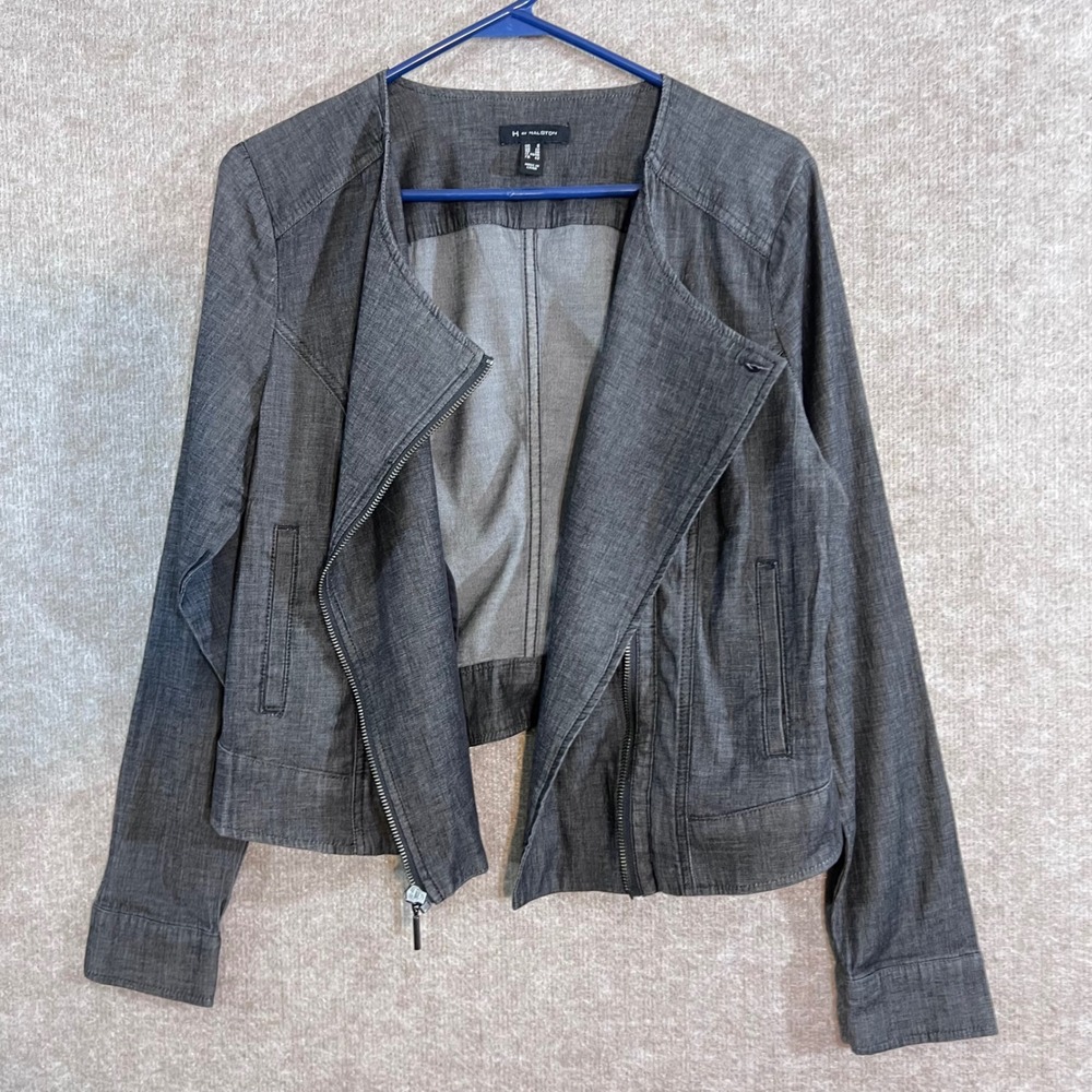 H by Halston Moto Jacket Women Size 8 Gray Asymmetrical Zip Lightweight Chic